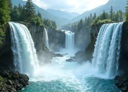 Wodospady spływające po skałach do rzeki oraz zalesione góry w oddali