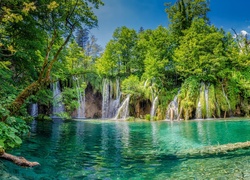 Chorwacja, Park Narodowy Jezior Plitwickich, Plitvice, Jezioro, Drzewa, Wodospad