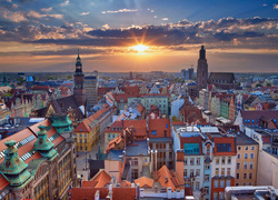 Polska, Wrocław, Panorama miasta, Zachód słońca