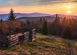 Promienie słońca, Góry, Gorce, Polana Adamówka, Mszana Dolna, Polska