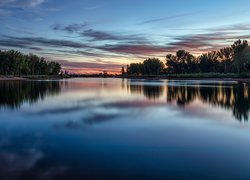 Poranek, Jezioro, Lake Chatfield, Drzewa, Park stanowy Chatfield, Kolorado, Stany Zjednoczone