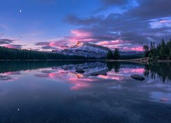 Góry, Mount Rundle, Jezioro, Two Jack Lake, Drzewa, Wschód słońca, Park Narodowy Banff, Prowincja Alberta, Kanada