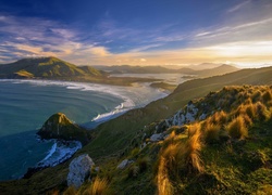 Nowa Zelandia, Góry, Morze, Wschód słońca, Wybrzeże