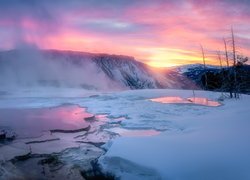 Park Narodowy Yellowstone, Góry, Zima, Wschód słońca, Stany Zjednoczone