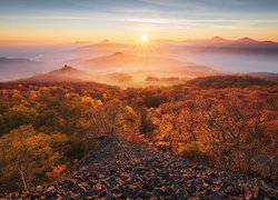 Wschód słońca nad zamglonymi zalesionymi górami