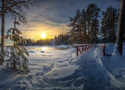 Zima, Las, Drzewa, Rzeka Langinkoski, Mostek, Wschód słońca, Kotka, Finlandia