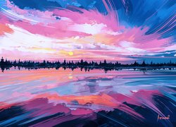 Wschód słońca, Jezioro, Drzewa, Paintography
