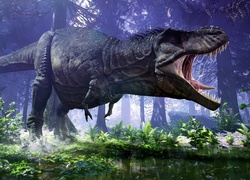 Wściekły tyranozaur w lesie w grafice komputerowej 3D