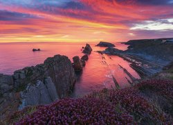 Plaża Arnia, Skały, Wschód słońca, Morze, Wybrzeże Costa Quebrada, Kantabria, Hiszpania