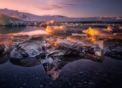 Islandia, Zima, Jezioro, Bryły, Lód, Wzgórza