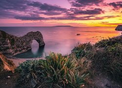 Morze, Wybrzeże Jurajskie, Skały, Durdle Door, Zachód słońca, Anglia