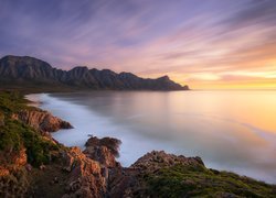 Afryka, Republika Południowej Afryki, Kapsztad, Morze, Kogel Bay Beach, Góry, Wybrzeże, Roślinność, Zachód słońca