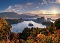Wyspa Blejski Otok na słoweńskim jeziorze Bled w Alpach Julijskich