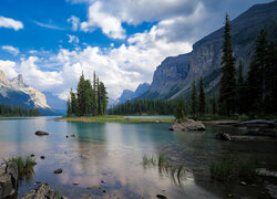 Góry, Jezioro, Maligne Lake, Drzewa, Kamienie, Brzeg, Park Narodowy Jasper, Kanada