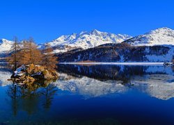 Jezioro Bergsee, Szwajcaria, Zima, Góry, Wyspa, Drzewa, Odbicie