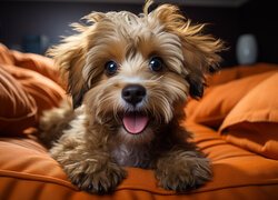 Yorkshire terrier leżący na pomarańczowej kanapie