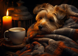 Yorkshire Terrier na kocu obok kawy i świeczki