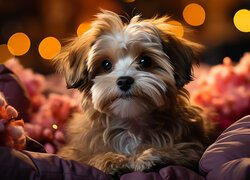 Yorkshire terrier na tle kolorowych światełek