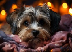 Yorkshire terrier na tle światełek