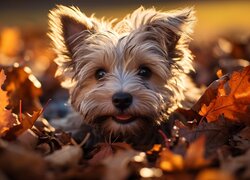 Yorkshire terrier w liściach