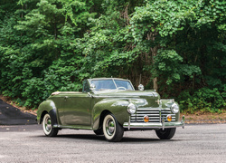 Zabytkowy zielony Chrysler z 1941 roku na tle drzew