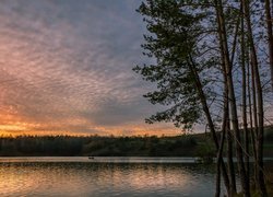 Chmury, Zachód słońca, Jezioro, Drzewa