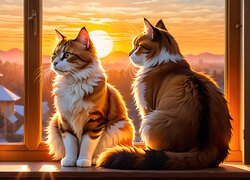 Zachód słońca i dwa koty na parapecie okna