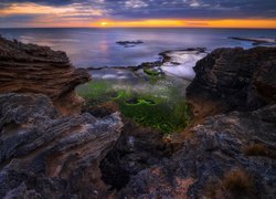 Australia, Cape Douglas, Morze, Skały, Zachód słońca, Wybrzeże