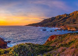 Stany Zjednoczone, Kalifornia, Morze, Wybrzeże, Big Sur, Skały, Zachód słońca