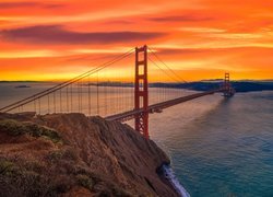 Stany Zjednoczone, Stan Kalifornia, Most Golden Gate Bridge, Cieśnina Golden Gate, Zachód słońca, San Francisco