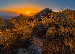 Góry Mount Beshtau, Skały, Drzewa, Krzewy, Zachód słońca, Kraj Stawropolski, Rosja