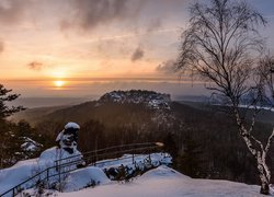 Zima, Śnieg, Góry, Zachód słońca, Drzewa, Brzoza