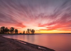 Jezioro, Chatfield Lake, Drzewa, Zachód słońca, Kolorado, Stany Zjednoczone