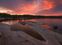 Zachód słońca, Jezioro Ładoga, Skały, Karelia, Rosja