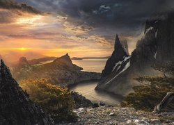 Góry, Morze, Zachód słońca, Digital Art