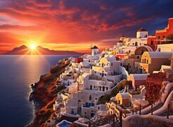 Grecja, Santorini, Domy, Morze, Zachód słońca