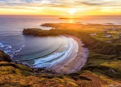 Morze, Wybrzeże, Zachód słońca, Zatoka, Plaża, Silver Strand Horseshoe Beach, Malin Beg, Hrabstwo Donegal, Irlandia