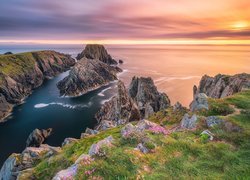 Morze, Wybrzeże, Zachód słońca, Skały, Roślinność, Hrabstwo Donegal Irlandia
