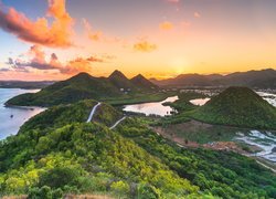 Półwysep, Zachód słońca, Góry, Morze, Zatoki, Pearns Point, Jennings, Wyspa Antigua, Antigua i Barbuda