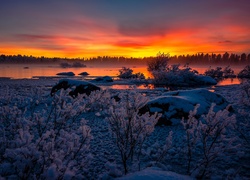 Zachód słońca nad zimową rzeką w szwedzkiej Laponii