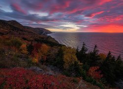 Kanada, Nowa Szkocja, Park Narodowy Cape Breton Highlands, Jesień, Wzgórza, Drzewa, Zachód słońca