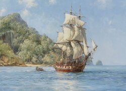 Żaglowiec na morzu na obrazie Montague Dawsona