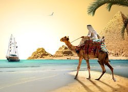 Żaglowiec na morzu obok piramid i Arab na wielbłądzie