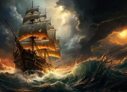 Żaglowiec podczas burzy na morzu