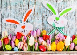 Wielkanoc, Tulipany, Pisanki, Zające