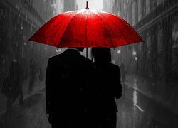 Kobieta, Mężczyzna, Parasol, Czerwony, Ulica, Deszcz, Noc, AI, Czerwony Parasol, Spacer, Miasto, Para
