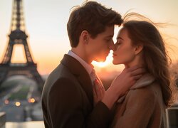 Zakochani na tle Wieży Eiffla w Paryżu