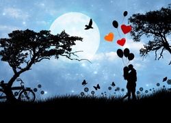 Zakochani w obięciach pod drzewem w blasku księżyca