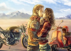 Zakochani w objęciach przy motocyklach
