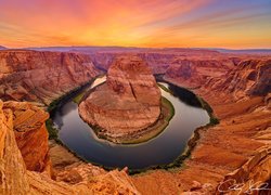 Park Narodowy Glen Canyon, Skały, Kanion, Rzeka, Kolorado River, Zakole, Horseshoe Bend, Zachód słońca, Arizona, Stany Zjednoczone